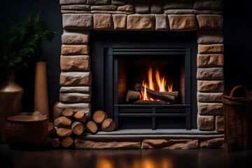 Naklejka premium photo of a cozy fireplace with stonewall