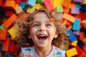 Happy child laughs against colorful blocks. Joyful learning and playful exploration, fostering creativity and innocence in preschool education