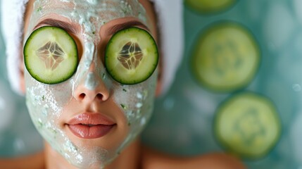 Woman Relaxing with a Facial Mask and Cucumber Slices