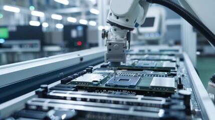 Fototapeta premium Close-up of an industrial robot installing a central processing unit on a motherboard. 