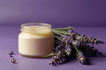 Obraz na płótnie Canvas Lavender cream mockup. Glass jar on purple background. Copy space available for branding. 