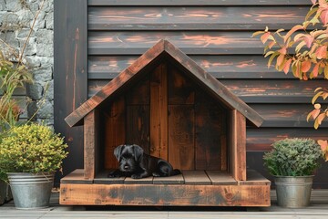 Dog house on wooden eco style. Generative AI