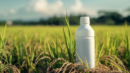 white bottle on rice farm background. the concept of Fertilizer products, bottle as mockup copy space for herbicide, fungicide or insecticide