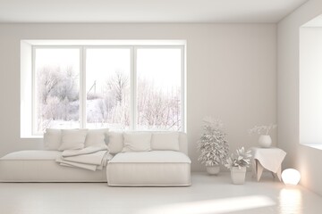 White living room with sofa and winter landscape in window. Scandinavian interior design. 3D illustration