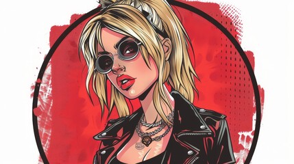 a circle frame portrait of a blonde girl punk rock, game character, 2d, white background  
