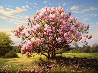 Magnolia tree with pink flowers - obrazy, fototapety, plakaty