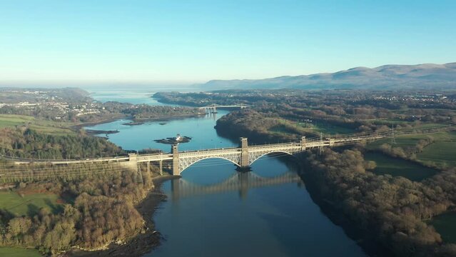 Aerial view of Britannia and Menai bridges in Wales over the Menai strait on a sunny day