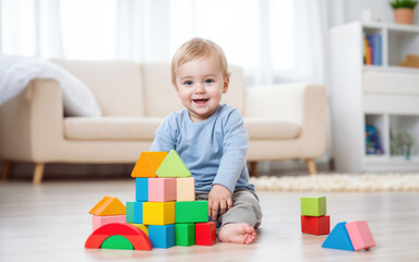 Happy child playing with blocks. Fostering creativity and learning through joyful toddler exploration, building foundations for education and development