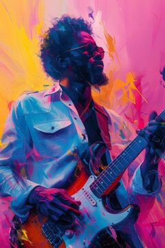 man play big guitar on an abstract jazz event poster, pastel colors  