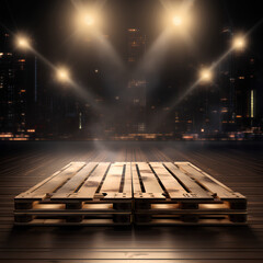 Pallets for displaying products for advertising There is a perfect lighting arrangement in 3D. The background is a warehouse.