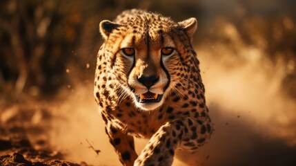Cheetah Running in the Dirt Towards the Camera