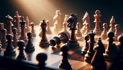 A horizontal photorealistic depiction of a chessboard at checkmate, with a close-up of the king's defeat, demonstrating emotional intensity through the detailed arrangement of the pieces. Chessboard c