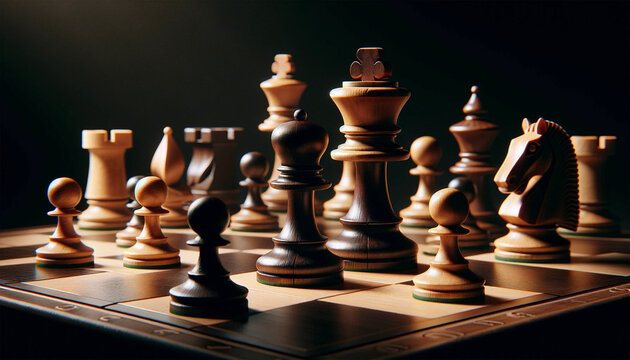 A photorealistic, detailed image of a chessboard in a horizontal format, capturing the tension of a chess match, with a close-up of the queen's powerful move highlighting the skill of the pieces. Ches