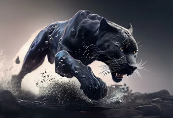 Foto op Plexiglas Black panther pouncing 3D illustration. Generative AI © Solana