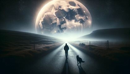 Silhouette of a man and a dog walking along the road at night, with a huge moon in front of them. A man and a dog are walking along the road.