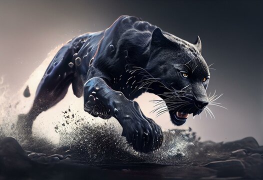 Black panther pouncing 3D illustration. Generative AI