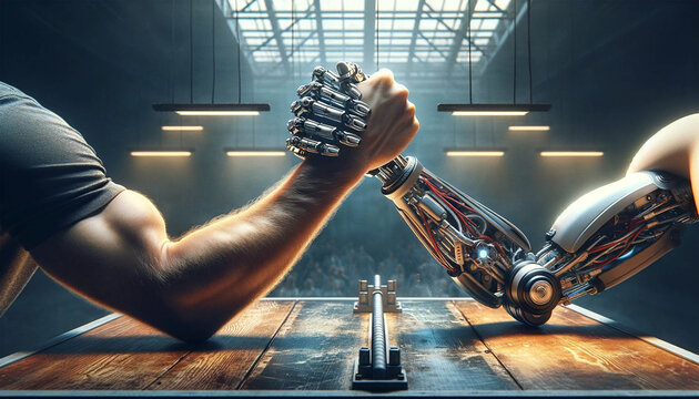 Wide format image capturing the moment of arm wrestling between a human hand and a robotic hand. The venue is a dimly lit room accented by an arm wrestling table.