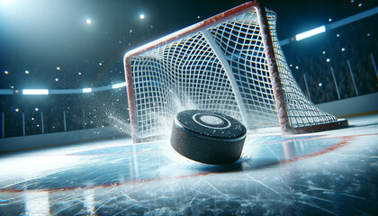 The hockey puck flies into the goal. Hockey puck and goal close-up. - obrazy, fototapety, plakaty