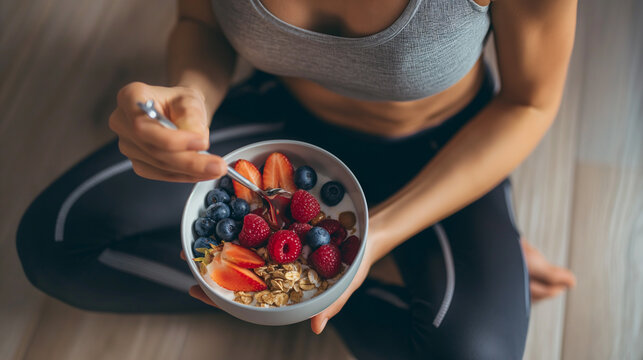 Vista superior de uma jovem em roupas esportivas tomando café da manhã saudável com granola e frutas frescas.