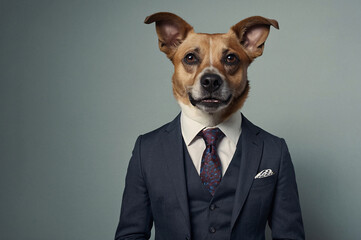 Sophisticated Dog in Blue Suit with Red Tie
