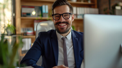 Retrato de empresário sorridente sentado à mesa no escritório. Empresário de óculos e sorrindo. - obrazy, fototapety, plakaty