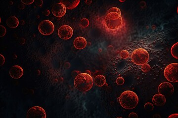 Glowing round red blood cells flowing in human body on dark background