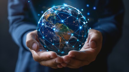 Pair of hands holding a glass globe of planet earth with digital connections  