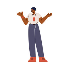 Man with badge in presenting pose, vector cartoon shop assistance, consultant seller helps to choose advertises isolated