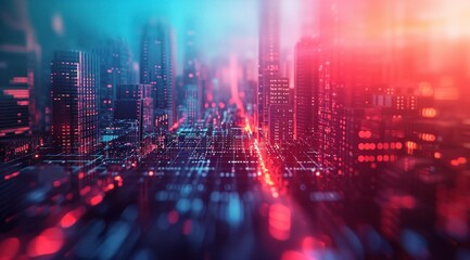 Calcul informatique, technologie et intelligence artificielle, dans le style des paysages urbains, rouge clair et indigo, conception de page innovante.