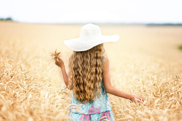 Girl with a wreath of flowers on her head in a wheat field, enjoys nature. Free happy woman