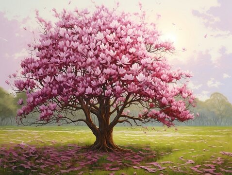 Magnolia tree with pink flowers