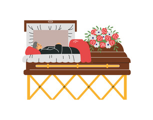 Dead man in coffin flat vector funeral, mourning tradition, burial ceremony of corpse human, ritual service with flowers
