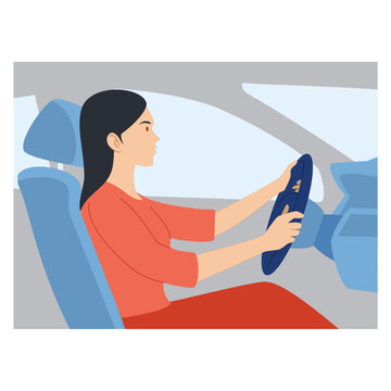 girl driving a car. girl wearing pink cloth and red long skirt driving car. Vector image