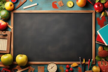 Teacher's desk with writing materials, a book and an apple, a blank for text, and School supplies around blank black chalkboard with space for text or inscriptions. Ai generated