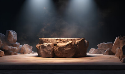 A stone platform for placing products to create promotions has perfect lighting in a 3D format, a black background with a little smoke floating in it.