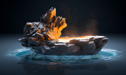 The stone platform shone with a golden light. For placing products to create promotions, there is perfect lighting in a 3D format. The base of the rock is covered with ice. Black background. - obrazy, fototapety, plakaty
