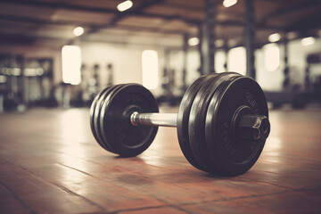 Naklejka premium Dumbbell on the floor in gym retro vintage photography