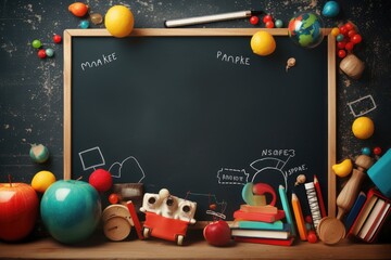 Teacher's desk with writing materials, a book and an apple, a blank for text, and School supplies around blank black chalkboard with space for text or inscriptions. Ai generated