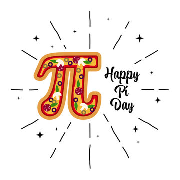 Happy Pi Day. Vector illustration. Happy Pi Day! Celebrate Pi 3,14 Day. Mathematical constant. March 14th . Ratio of a circle’s circumference to its diameter. Constant number Pi. Pizza