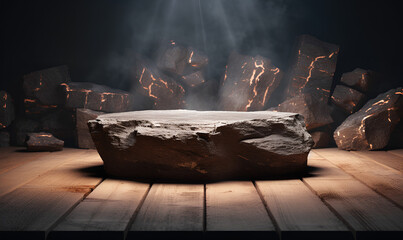 Stone platform for placing products to make advertising media, banners, posters in 3D format, black and white, with a background of a pile of stones. There is perfect lighting.