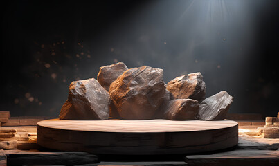Product display base, 3D format, black and white, background is a pile of rocks. There is perfect lighting.