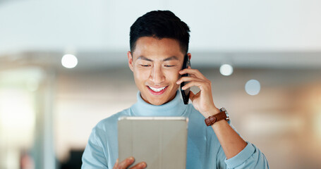 Business, phone call and Asian man with a tablet, smile and creative with connection, contact and internet. Japanese person, employee and entrepreneur with a smartphone, conversation and technology - obrazy, fototapety, plakaty
