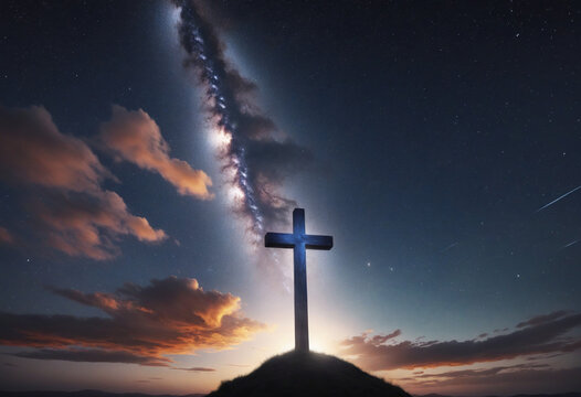 Night sky painting of a Christian cross amidst clouds