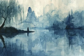 Foto op Canvas Capturing Tranquility: Mindfulness and Meditation Illustrated in Serene Watercolor Scenes © Kanisorn