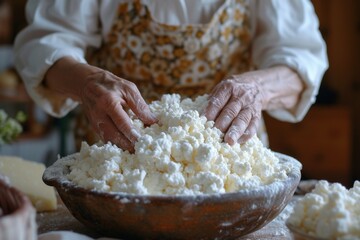 Woman makes cottage cheese on farm