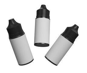 Mockup of a vape juice bottle, with a white label and black cap, in different angles without background	
