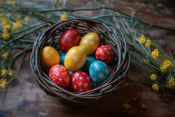 easter card, easter bunny with eggs, easter eggs and flowers, easter eggs in a basket, easter eggs and flowers on a white background, easter wall paper and background for social media	