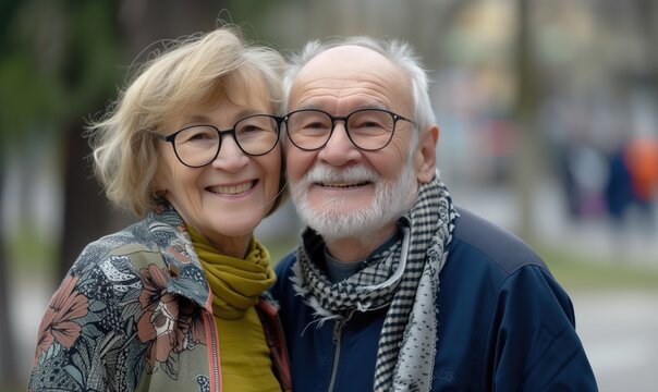 Happy senior retiree caucasian couple elderly man and woman on sunny spring day outdoors smiling at camera