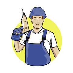The Handyman service with drill in his hand. Vector image