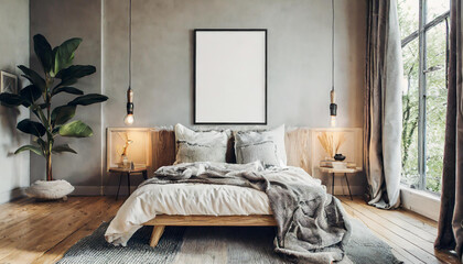 Vertical two frame mockup in boho bedroom interior with wooden floor and white bed. Beige blanket, cushion and dried grass. Basket and wicker lamp on wall. 3d rendering. High quality 3d illustration